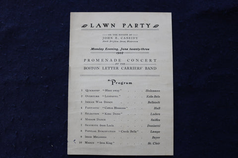 1902 JUNE 23 JOHN CASSIDY LAWN PARTY PROGRAM - WATERTOWN - K 1691