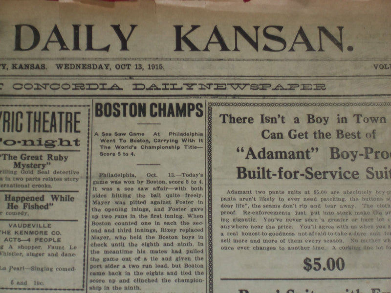 1915 OCTOBER 8-13 CONCORDIA DAILY KANSAN NEWSPAPER - WORLD SERIES - NP 3805