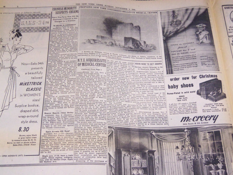 1946 NOVEMBER 3 NEW YORK TIMES - N. Y. U. MEDICAL CENTER SITE - NT 3164