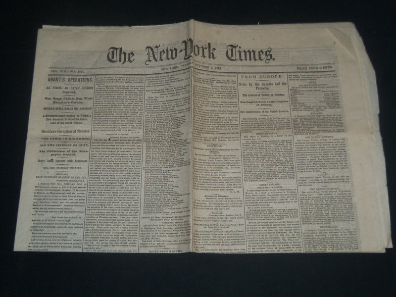 1864 OCTOBER 4 NEW YORK TIMES NEWSPAPER - GRANT'S OPERATIONS - NP 3987