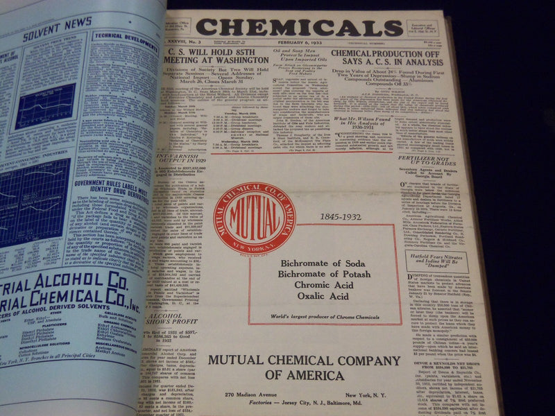 1933 JAN-DEC CHEMICALS MAGAZINE BOUND VOLUME PRICE TRENDS IMPORTS ADS - KD 661