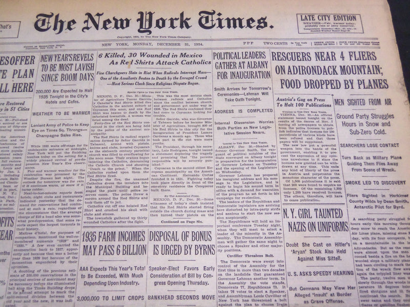 1934 DECEMBER 31 NEW YORK TIMES - RESCUERS NEAR 4 ON ADIRONDACKS - NT 4213