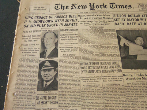 1947 APRIL 2 NEW YORK TIMES - KING GEORGE OF GREECE DIES - NT 5522