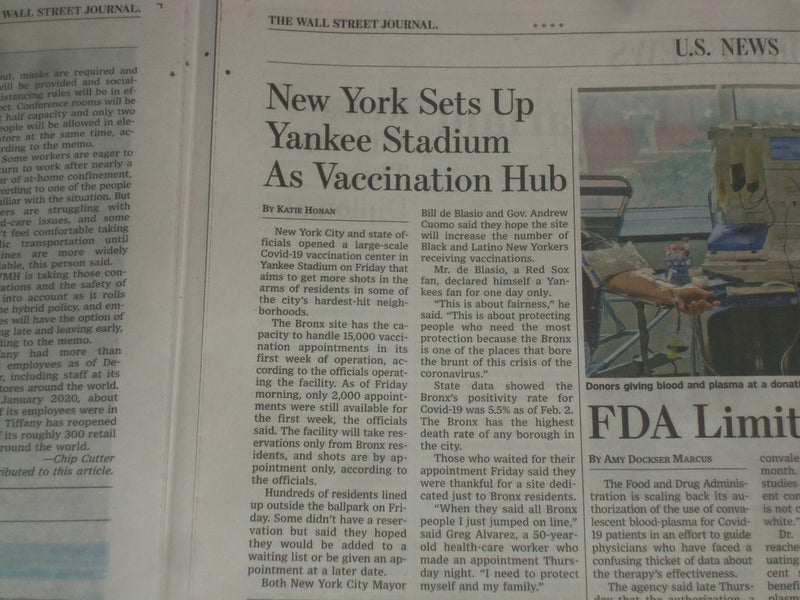 2021 FEBRUARY 6-7 THE WALL STREET JOURNAL - YANKEE STADIUM FOR VIRUS VACCINE