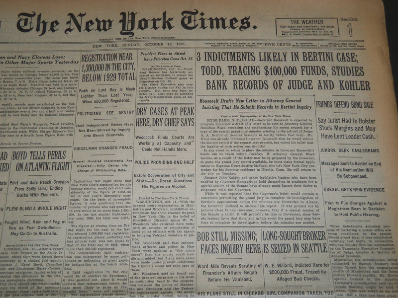 1930 OCTOBER 12 NEW YORK TIMES - 3 INDICTMENTS IN BERTINI CASE - NT 4184