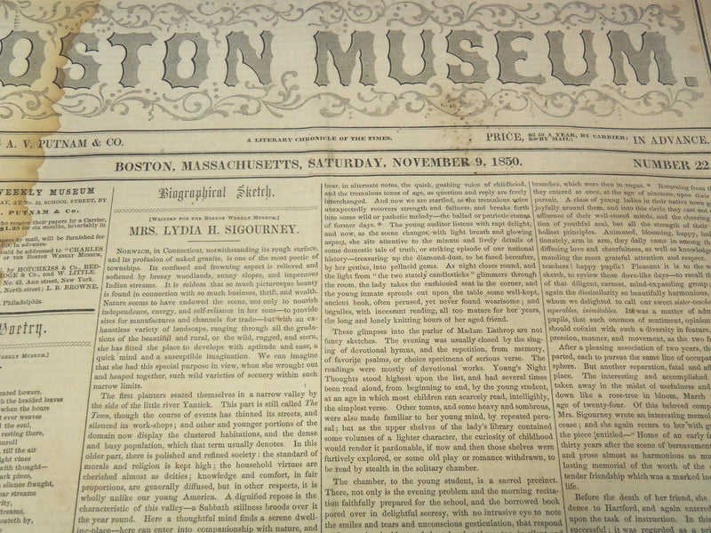 1850 NOV 9 BOSTON MUSEUM NEWSPAPER - PINE TREE SHILLING - HAWTHORNE - NP 9046
