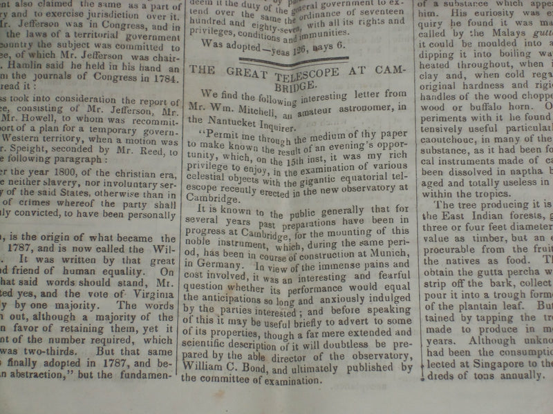 1847 AUGUST 14 MASSACHUSETTS PLOUGHMAN NEWSPAPER - CAMBRIDGE TELESCOPE - NP 5148