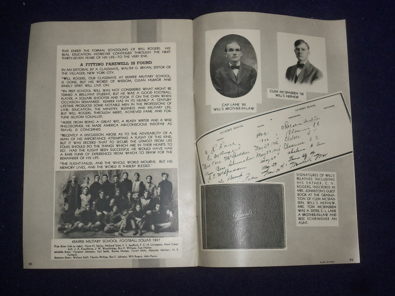 1935 SEP WILL ROGERS, CADET - KEMPER MILITARY SHOOL - LOT OF 2 - J 9480