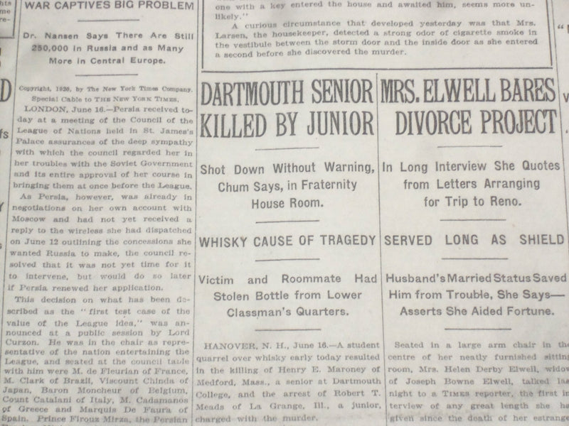 1920 JUNE 17 NEW YORK TIMES - DARTMOUTH SENIOR KILLED BY JUNIOR - NT 9129