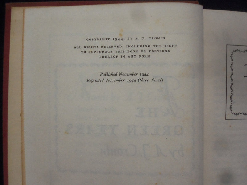 1944 THE GREEN YEARS HARDCOVER BOOK BY A. J. CRONIN - KD 9034