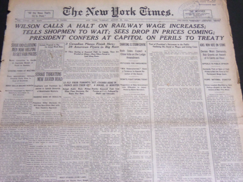 1919 AUG 26 NEW YORK TIMES - WILSON CALLS HALT ON RAILWAY WAGE INCREASE- NT 6964
