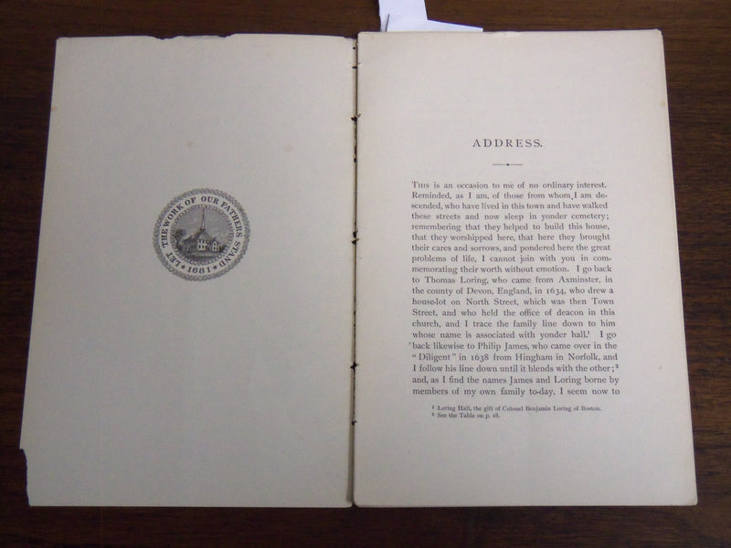 1882 HINGHAM MASSACHUSETTS MEETING HOUSE 250TH ANNIVERSARY ADDRESS - K 1182