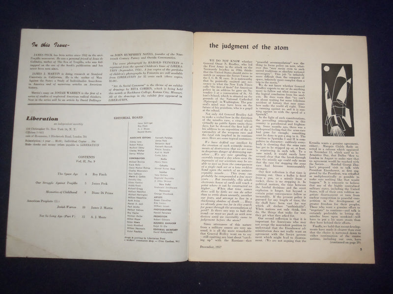 1957 DECEMBER LIBERATION MAGAZINE-THE SPACE AGE-THE JUDGEMENT OF THE ATOM-J 9736