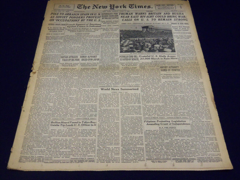 1946 APRIL 7 NEW YORK TIMES - TRUMAN WARNS BRITAIN AND RUSSIA - NT 2331