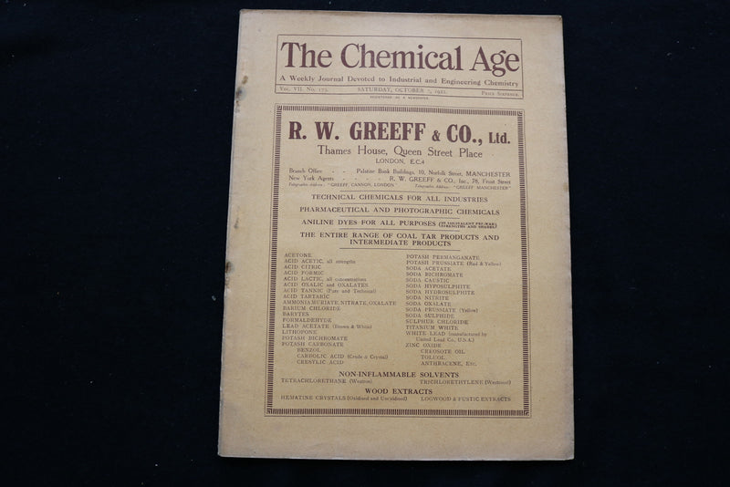 1922 OCTOBER 7 THE CHEMICAL AGE MAGAZINE - R.W. GREEFF & CO. COVER - SP 4924O