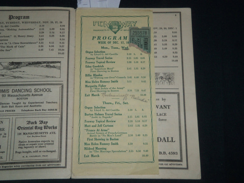 1917 NOV 26-DEC THE FENWAY THEATRE PROGRAM & TICKET - BOSTON - J 4081
