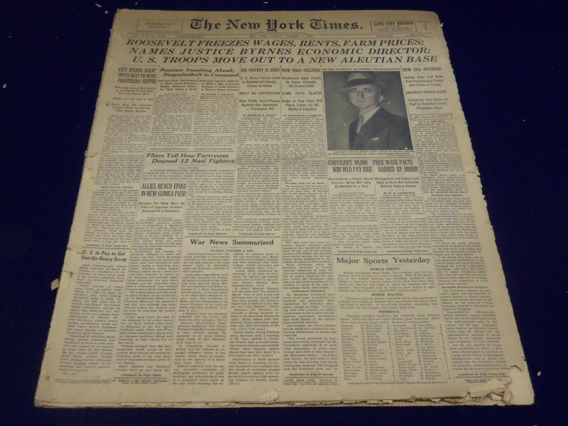 1942 OCT 4 NEW YORK TIMES - ROOSEVELT FREEZES WAGES BYRNES - NT 1144