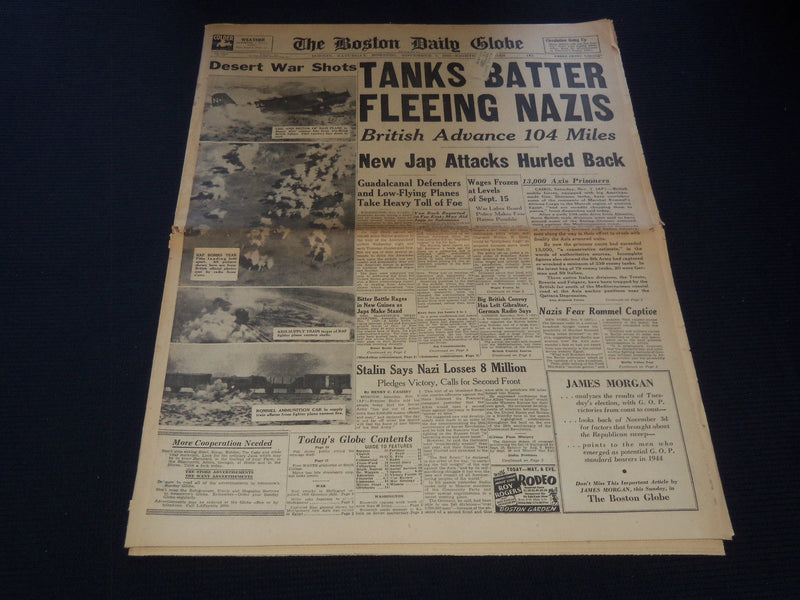 1942 NOV 7 BOSTON DAILY GLOBE NEWSPAPER - TANKS BATTER FLEEING NAZIS - NT 9454