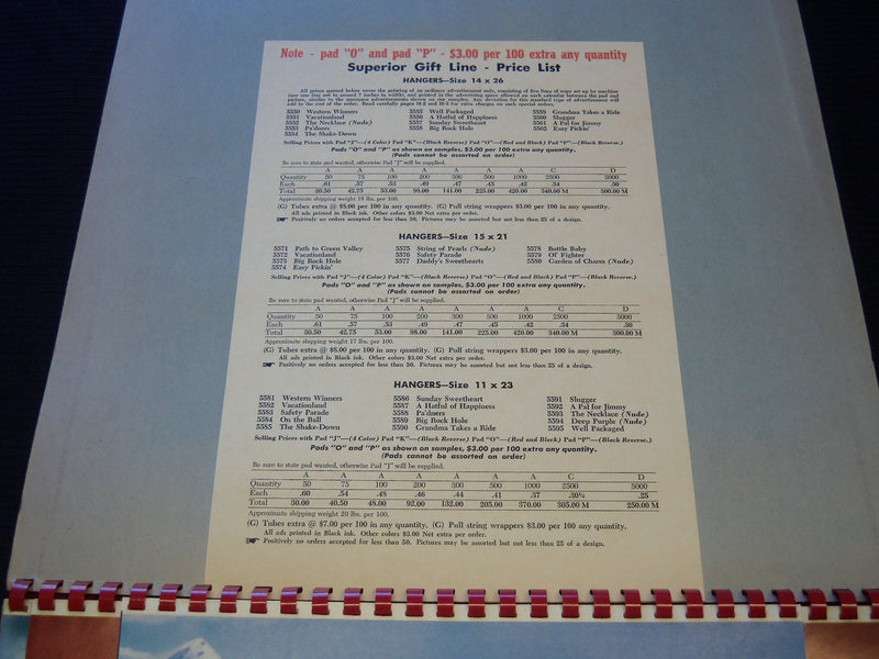 1957 SUPERIOR GIFT LINE HANGERS CALENDAR SALESMAN SAMPLE SHEETS BOOK - C 7