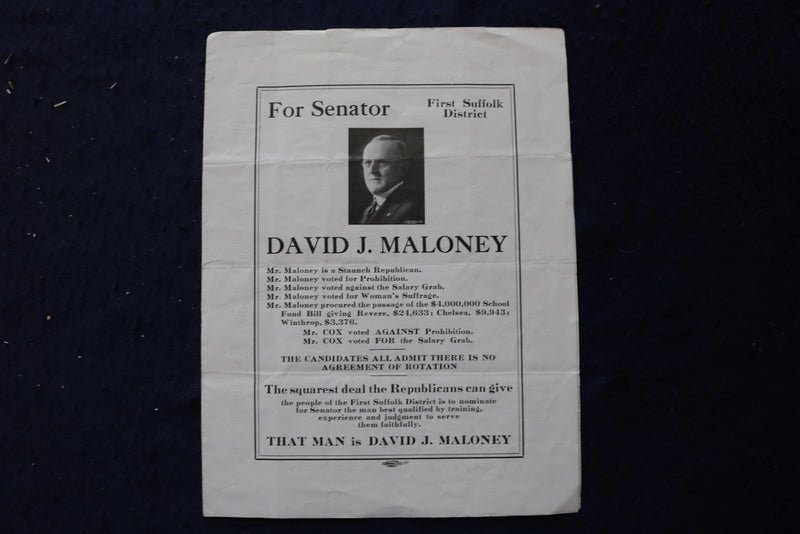 1920 DAVID J. MALONEY FOR SENATOR ADVERTISEMENT - K 1754