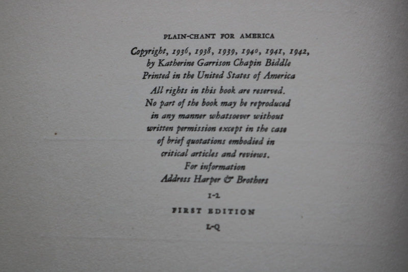 1942 PLAIN - CHANT FOR AMERICA HARDCOVER BOOK BY KATHERINE CHAPIN - KD 9610