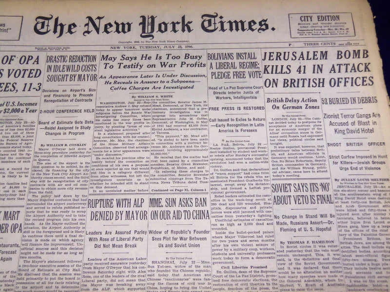 1946 JULY 23 NEW YORK TIMES - JERUSALEM BOMB KILLS 41 - NT 2978
