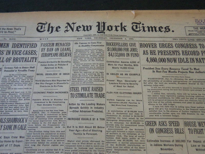 1930 DECEMBER 4 NEW YORK TIMES - ROCKEFELLER GIVE $1,000,000 FOR JOBS - NT 5705