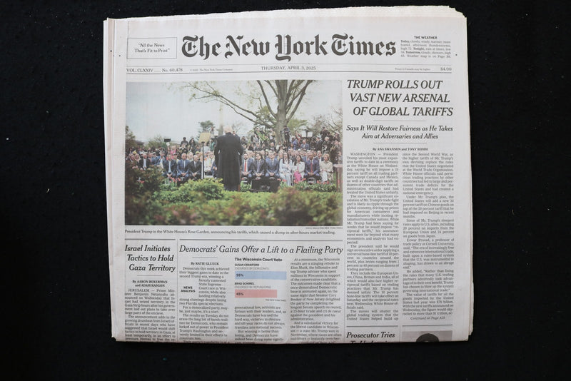 2025 APRIL 3 NEW YORK TIMES - TRUMP ROLLS OUT VAST NEW ARSENAL OF GLOBAL TARIFFS