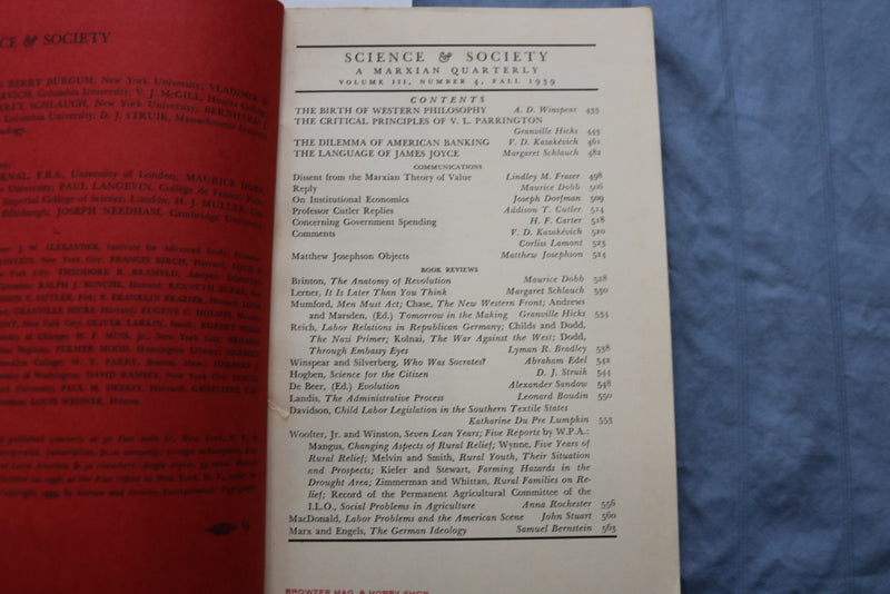 1939 FALL SCIENCE & SOCIETY - A MARXIAN QUARTERLY - SOFTCOVER - K 3200