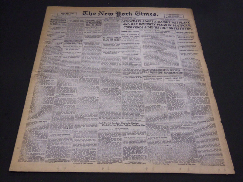 1930 SEPTEMBER 30 NEW YORK TIMES - DEMOCRATS ADOPT STRAIGHT WET PLANK - NT 4929