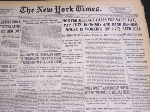 1932 DECEMBER 7 NEW YORK TIMES - HOOVER CALLS FOR SALES TAX & REFORM - NT 4816