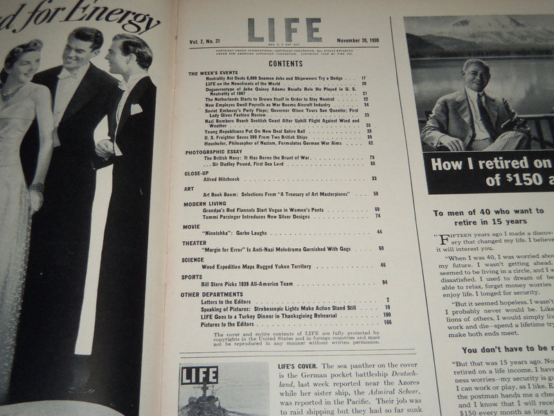 1939 NOVEMBER 20 LIFE MAGAZINE - GERMAN WARSHIP COVER - L 157