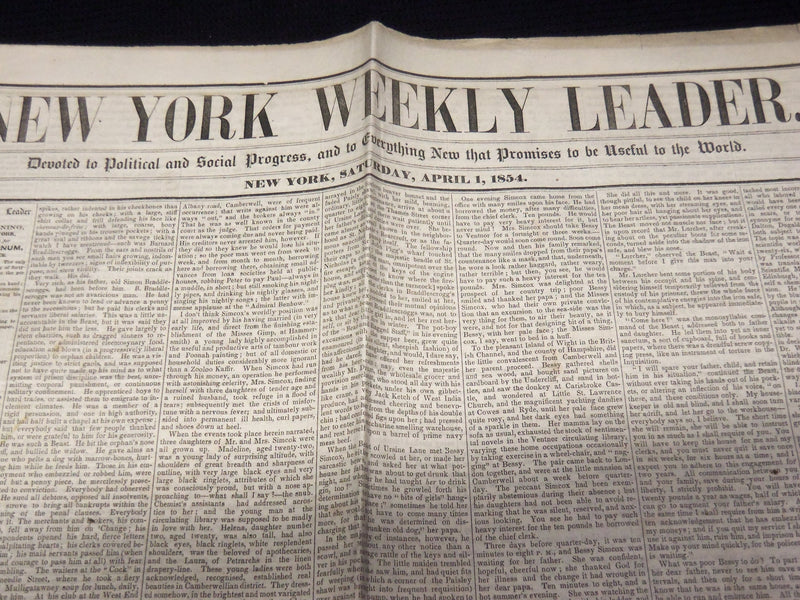1854 APRIL 1 NEW YORK WEEKLY LEADER NEWSPAPER - VOLUME 1 NO. 3 - K 70