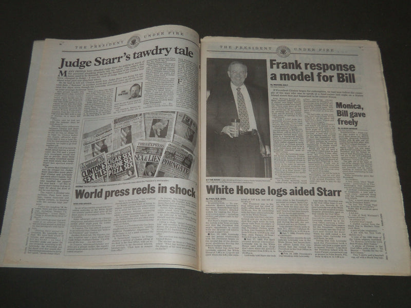 1998 SEPT 13 NEW YORK DAILY NEWS BILL FIGHTS BACK - BLASTS STARR REPORT- NP 2604