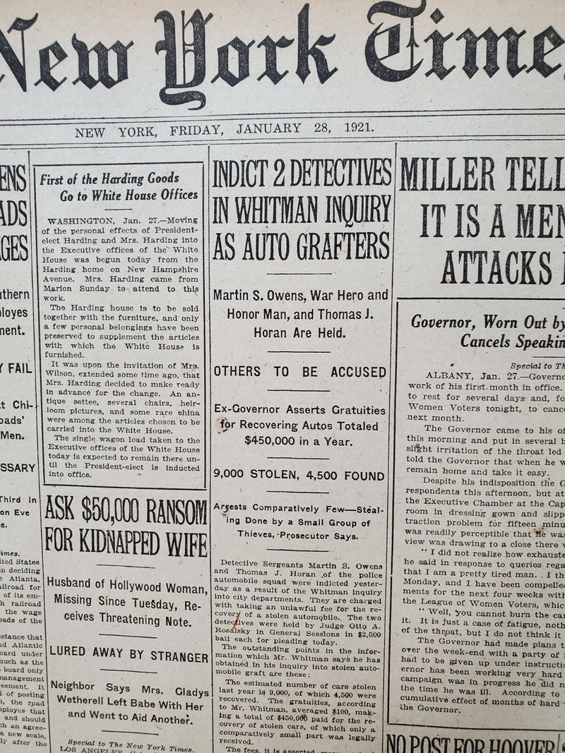 1921 JANUARY 28 NEW YORK TIMES - WHITMAN INQUIRY INDICTS 2 DETECTIVES - NT 8099