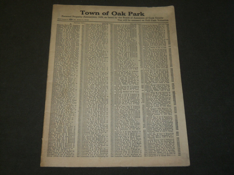 1929 TOWN OF OAK PARK PERSONAL PROPERTY ASSESSMENT REPORT - J 3578