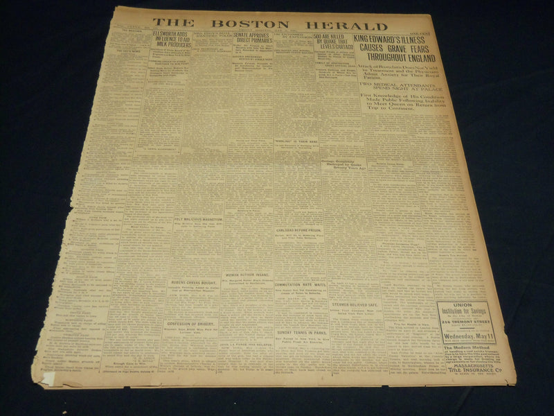 1910 MAY 6 THE BOSTON HERALD - KING EDWARD'S ILLNESS CAUSES GRAVES FEARS- BH 355