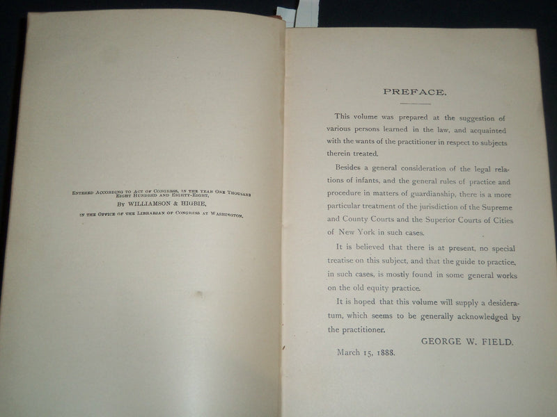 1888 THE LEGAL RELATIVES OF INFANTS HARDCOVER BOOK BY G. W. FIELD - R 308