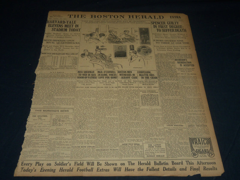 1911 NOVEMBER 25 THE BOSTON HERALD - HARVARD - YALE ELEVENS MEET TODAY - BH 192