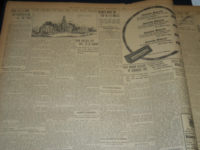 1909 SEPT 4 THE BOSTON HERALD - COOK PLANTED STARS AND STRIPE AT POLE - BH 207