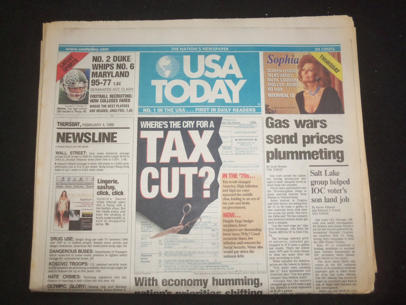 1999 FEBRUARY 4 USA TODAY NEWSPAPER - GAS WARS SEND PRICES PLUMMETING - NP 7997