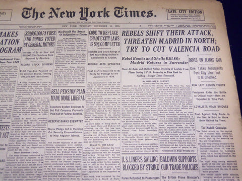 1936 NOV 10 NEW YORK TIMES - REBELS SHIFT ATTACK THREATEN MADRID - NT 2132