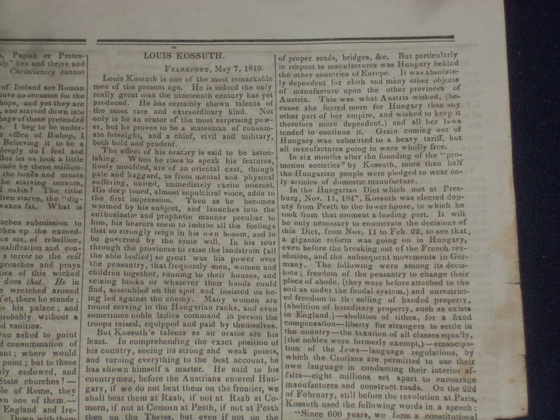 1849 JUNE 16 MASSACHUSETTS PLOUGHMAN NEWSPAPER - LOUIS KOSSUTH - NP 5170