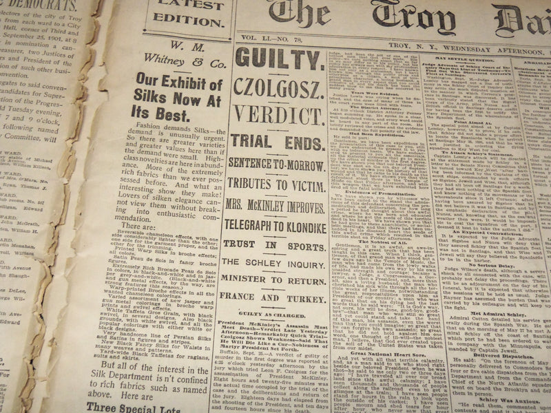 1901 SEPT THE TROY DAILY TIMES NEWSPAPER LOT OF 4 - CZOLGOSZ TRIAL - NP 1426C