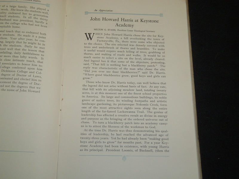 1924 JOHN HOWARD HARRIS AN APPRECIATION BUCKNELL UNIVERSITY BOOK - J 5284