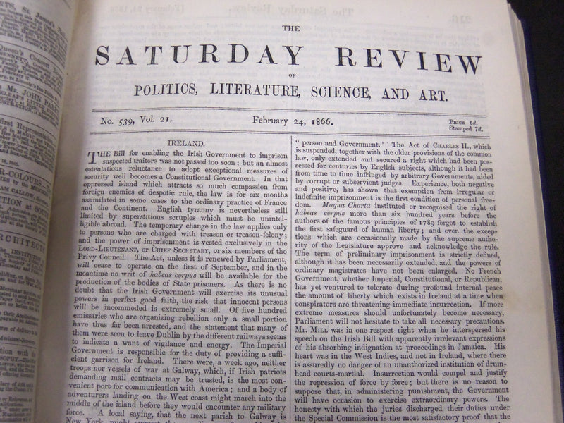 1866 SATURDAY REVIEW 2 BOUND VOLUMES - COMPLETE YR- PUBLISHED IN LONDON - R 1082