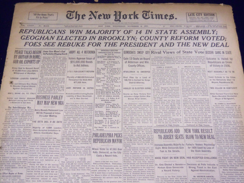 1935 NOV 6 NEW YORK TIMES - REPUBLICANS WIN MAJORITY OF 14 IN STATE - NT 1981