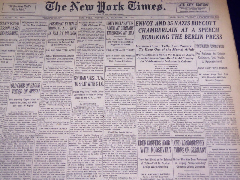 1938 DECEMBER 14 NEW YORK TIMES - 35 NAZIS BOYCOTT CHAMBERLAIN - NT 3111