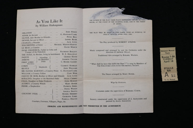 1944 SHAKESPEARE FESTIVAL PROGRAMS - LOT OF 3 & 2 TICKET STUBS - K 2822