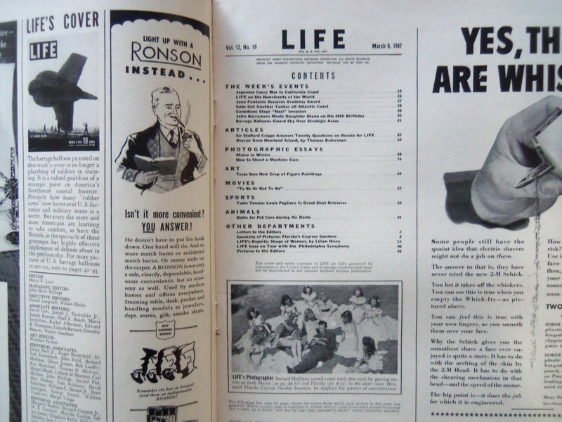 1942 MARCH 9 LIFE MAGAZINE - U.S. BARRAGE BALLOON - L 277